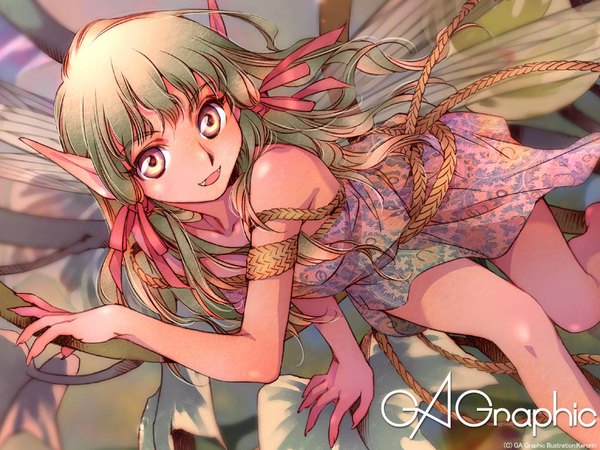 Anime picture 1024x768 with gagraphic kerorin single long hair looking at viewer open mouth signed yellow eyes :d green hair pointy ears copyright name fantasy fairy girl dress ribbon (ribbons) hair ribbon wings