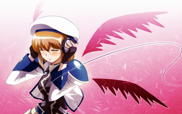 Anime picture 1280x800 with mahou shoujo lyrical nanoha mahou shoujo lyrical nanoha strikers yagami hayate tappa (esperanza) single short hair wide image eyes closed orange hair girl wings headphones wire (wires)