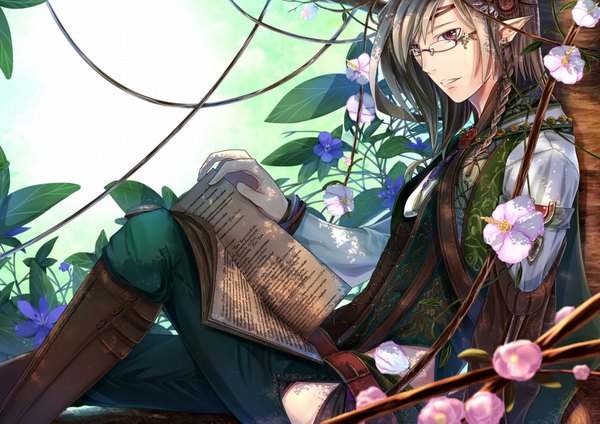 Anime picture 1555x1100 with original fuu kotora single short hair smile sitting purple eyes bent knee (knees) braid (braids) parted lips pointy ears grey hair elf reading boy flower (flowers) plant (plants) glasses book (books) knee boots