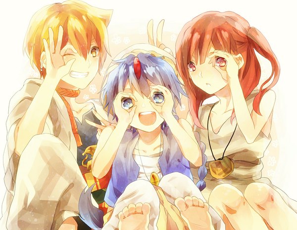 Anime picture 1160x900 with magi the labyrinth of magic a-1 pictures morgiana aladdin (magi) ali baba saluja looking at viewer short hair open mouth blue eyes blonde hair smile red eyes sitting brown eyes blue hair red hair braid (braids) barefoot multiple boys one side up