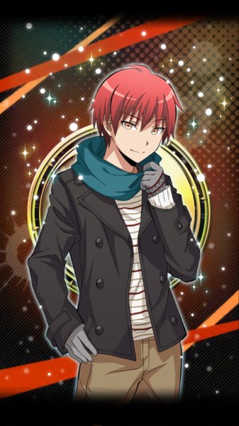 Anime picture 750x1334 with ansatsu kyoushitsu akabane karma tagme (artist) single tall image looking at viewer fringe short hair simple background smile red eyes red hair head tilt alternate costume boy gloves scarf pants winter clothes
