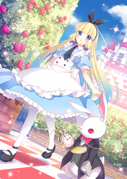 Anime picture 800x1130 with alice in wonderland alice (wonderland) goma (11zihisin) single long hair tall image looking at viewer blush open mouth blue eyes blonde hair girl dress flower (flowers) bow hair bow animal necktie rose (roses) clock