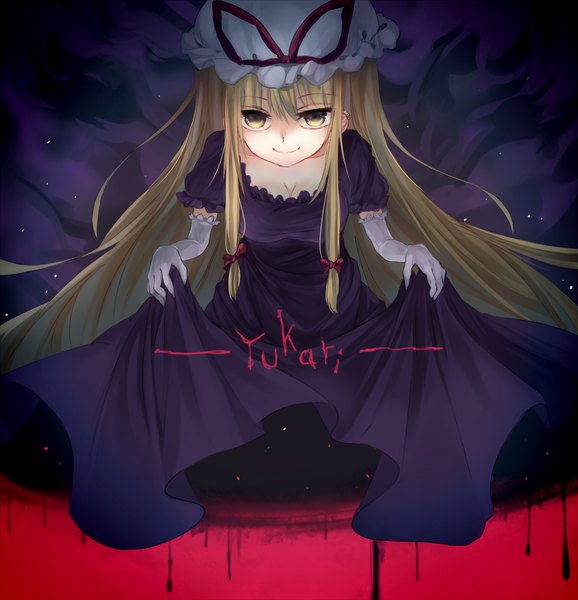 Anime picture 1157x1200 with touhou yakumo yukari dqn (dqnww) single tall image looking at viewer blonde hair smile yellow eyes very long hair girl dress gloves elbow gloves bonnet