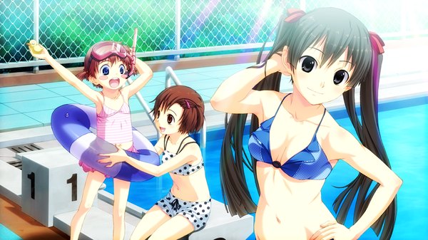 Anime picture 1024x576 with suigetsu 2 long hair short hair blue eyes black hair brown hair wide image twintails multiple girls game cg black eyes girl navel swimsuit bikini 3 girls child (children) pool