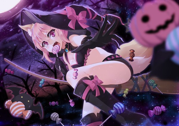 Anime picture 2000x1413 with original paparins (artist) single highres short hair open mouth purple eyes animal ears pink hair tail animal tail night fox ears fox tail fox girl halloween girl gloves bow elbow gloves