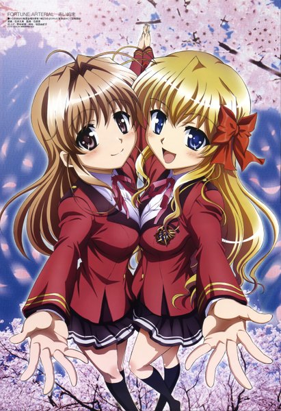 Anime picture 4085x5958 with fortune arterial megami magazine august soft sendou erika yuuki haruna long hair tall image blush highres blue eyes blonde hair brown hair multiple girls brown eyes absurdres official art cherry blossoms girl 2 girls serafuku