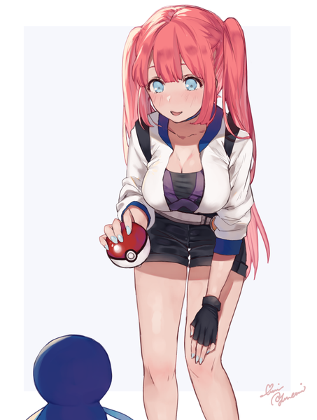 Anime picture 1121x1482 with pokemon pokemon (game) pokemon go nintendo piplup uni (melm) single long hair tall image blush fringe highres breasts blue eyes simple background smile large breasts standing twintails holding