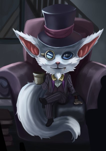 Anime picture 3508x4961 with league of legends gnar (league of legends) aoshi7 (artist) single tall image looking at viewer highres blue eyes sitting animal ears absurdres tail animal tail teeth fang (fangs) hat animal armchair top hat monocle