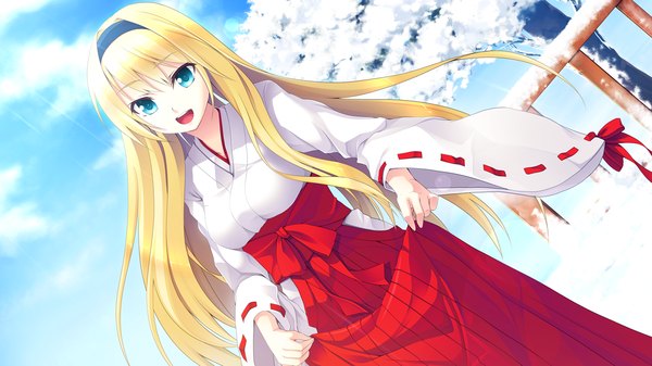 Anime picture 1280x720 with hyouka no mau sora ni alictia bright long hair open mouth blue eyes blonde hair wide image game cg japanese clothes miko girl hairband