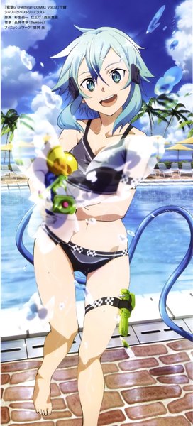 Anime picture 1315x2891 with sword art online a-1 pictures asada shino single tall image looking at viewer short hair open mouth blue eyes light erotic blue hair sky cloud (clouds) scan official art girl navel swimsuit bikini water