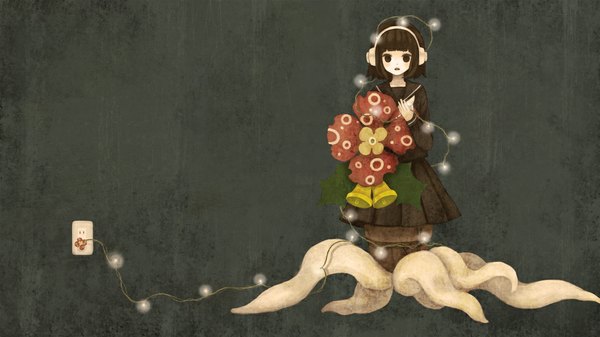 Anime picture 1000x563 with utau nene nene mizutamako single looking at viewer blush short hair open mouth black hair simple background wide image black eyes black background girl flower (flowers) serafuku headphones wire (wires) roots