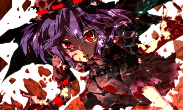 Anime picture 1500x900 with touhou remilia scarlet zen33n single looking at viewer fringe short hair hair between eyes red eyes wide image purple hair blood on face girl hat blood