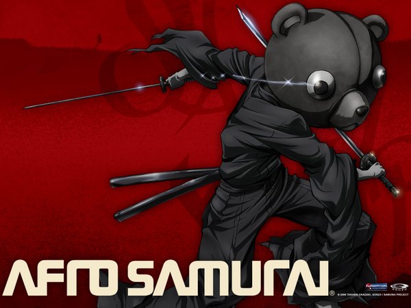 Anime picture 1600x1200 with afro samurai simple background tears red background weapon sword katana teddy bear