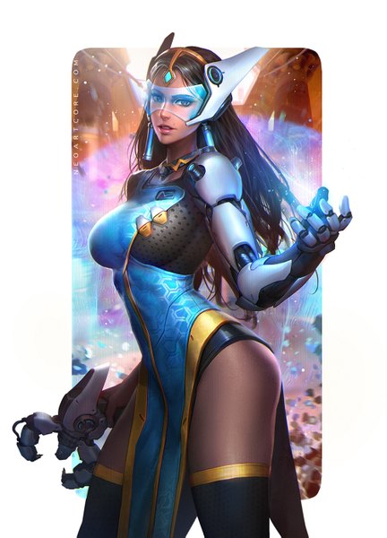 Anime picture 1000x1389 with overwatch blizzard entertainment symmetra (overwatch) nudtawut thongmai single long hair tall image looking at viewer breasts light erotic black hair lips black eyes realistic mole dark skin girl thighhighs bow black thighhighs