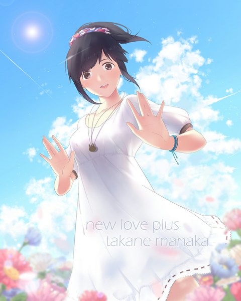 Anime picture 800x1001 with love plus takane manaka uka (artist) single tall image looking at viewer blush short hair open mouth black hair sky cloud (clouds) ponytail black eyes from below character names girl dress flower (flowers) white dress