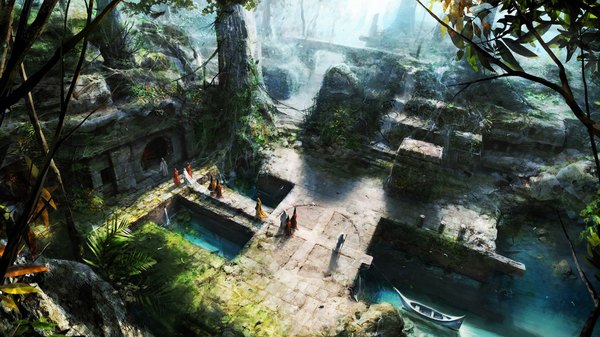 Anime picture 1920x1080 with tagme (artist) highres wide image wallpaper city landscape ruins plant (plants) tree (trees) branch watercraft boat