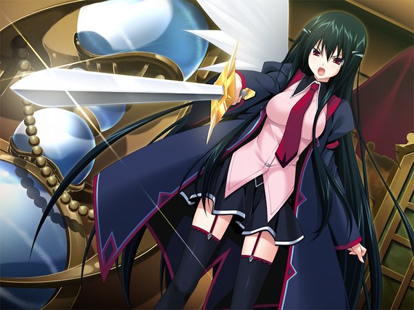 Anime picture 1024x768 with oresama no ragnarock long hair open mouth black hair red eyes game cg girl thighhighs skirt black thighhighs miniskirt sword wings