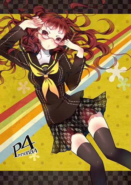 Anime picture 777x1099 with persona 4 persona kujikawa rise domotolain single long hair tall image blush brown hair twintails brown eyes looking away girl thighhighs black thighhighs glasses serafuku