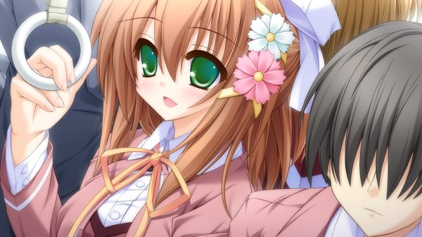 Anime picture 1920x1080 with canvas 4 (game) aogiri kotono kannon ouji highres open mouth black hair brown hair wide image green eyes game cg hair flower girl boy hair ornament flower (flowers) serafuku