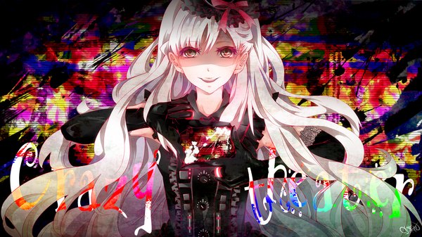 Anime picture 1500x844 with vocaloid mayu (vocaloid) tyouya single long hair fringe blonde hair smile wide image multicolored eyes girl dress gloves bow ribbon (ribbons) hat elbow gloves mini hat mini top hat