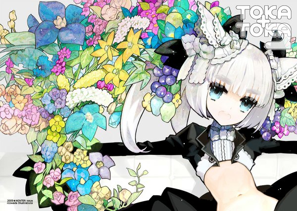 Anime picture 1000x714 with original wada arco single long hair looking at viewer fringe open mouth blue eyes animal ears white hair ponytail cat ears bare belly spread arms girl navel flower (flowers) bow hair bow