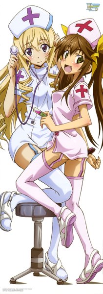 Anime picture 2502x7100 with infinite stratos 8bit cecilia orcott fang linyin long hair tall image highres open mouth blue eyes light erotic simple background blonde hair brown hair white background multiple girls green eyes nurse girl thighhighs 2 girls