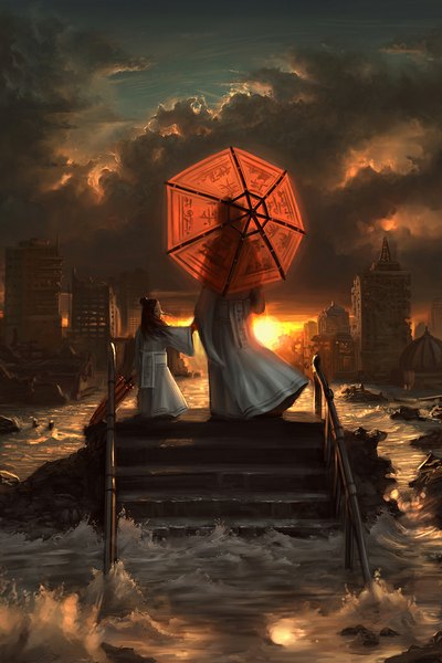 Anime picture 700x1050 with original arcipello long hair tall image black hair brown hair standing sky cloud (clouds) traditional clothes japanese clothes looking back wind sunlight couple city holding hands evening sunset cityscape