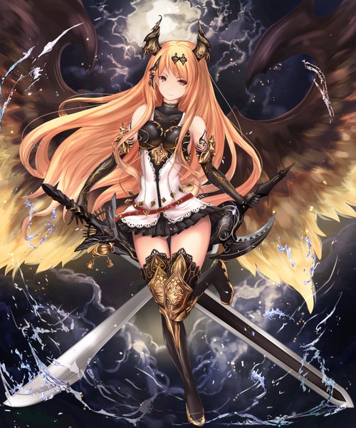 Anime picture 1570x1882 with shingeki no bahamut dark angel olivia untue single long hair tall image looking at viewer blush breasts blonde hair smile red eyes standing bare shoulders pink hair sky cloud (clouds) bent knee (knees) horn (horns) thighs