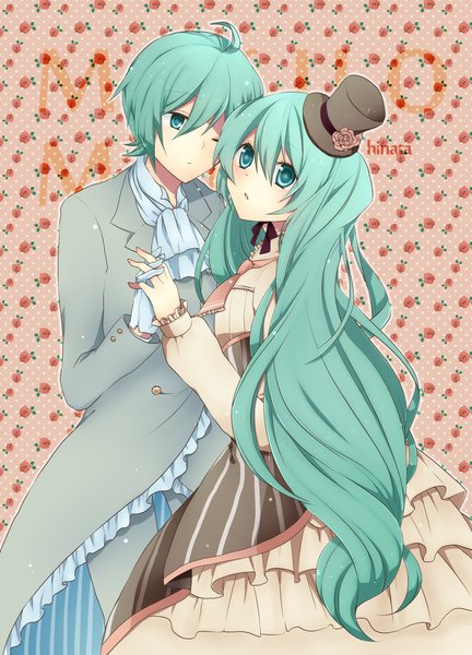 Anime picture 1720x2386 with vocaloid hatsune miku hatsune mikuo hinata (kuro usa) long hair tall image highres short hair simple background green eyes ahoge one eye closed green hair wink couple holding hands girl dress boy hat