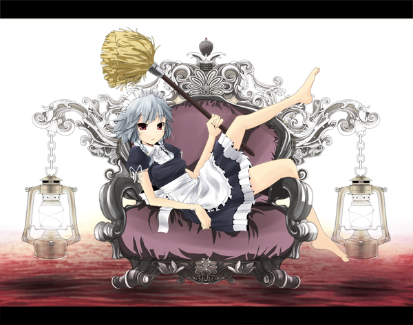 Anime picture 1270x1000 with touhou izayoi sakuya tama (speedgrapher) kichi (takane) single looking at viewer fringe short hair red eyes holding silver hair braid (braids) parted lips barefoot arm support maid letterboxed reclining leg lift (legs lift) girl