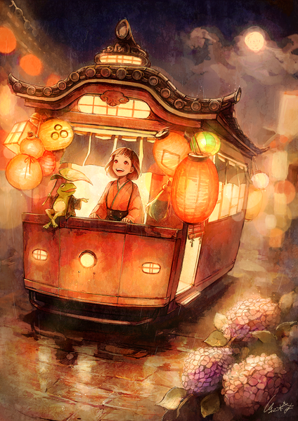 Anime picture 737x1042 with original tsubaki (teatime0) tall image fringe short hair open mouth smile red eyes brown hair signed blunt bangs traditional clothes :d japanese clothes night light looking up girl flower (flowers) kimono