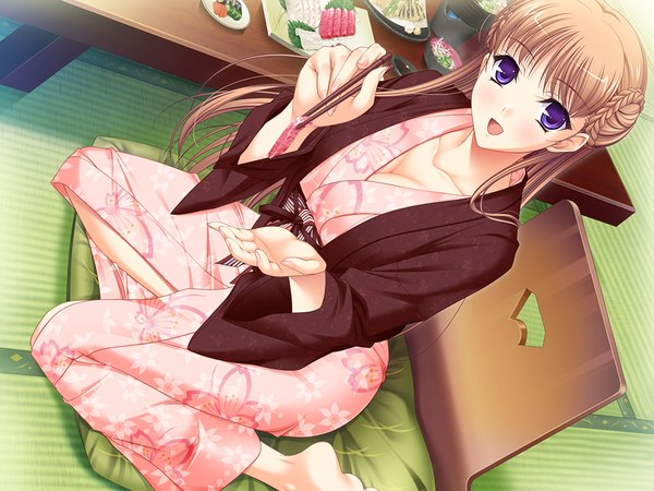Anime picture 1024x768 with walkure romanze noel marres ascot single long hair looking at viewer blush open mouth brown hair sitting purple eyes game cg traditional clothes japanese clothes girl food kimono