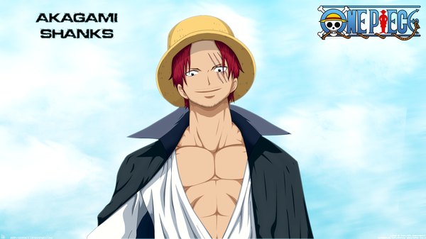 Anime picture 1920x1080 with one piece toei animation shanks deiviscc single highres short hair smile wide image sky cloud (clouds) red hair black eyes inscription coloring scar muscle boy hat cloak
