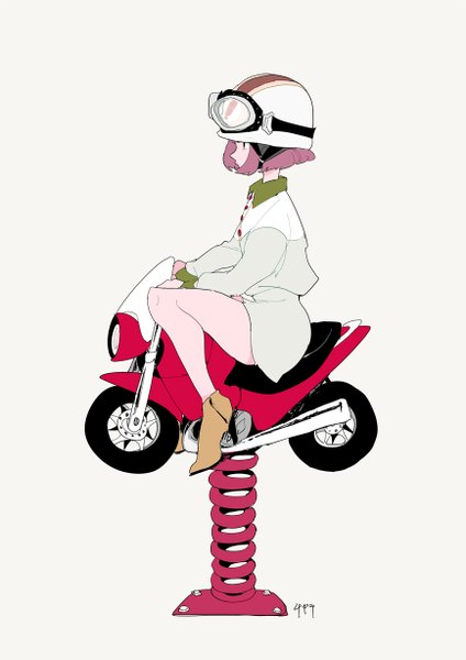 Anime picture 868x1228 with original chackiin single tall image short hair simple background looking away pink hair long sleeves pink eyes pink background girl dress glasses goggles helmet motorcycle motorcycle helmet