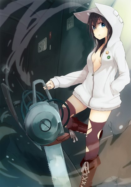 Anime picture 1000x1421 with original haruken long hair tall image breasts blue eyes light erotic black hair standing holding animal ears looking away cat ears open clothes no bra open jacket smoke girl thighhighs jacket