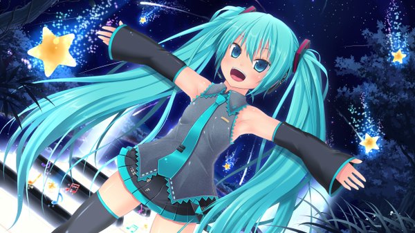 Anime picture 1280x720 with vocaloid hatsune miku amamiya minato open mouth wide image twintails very long hair aqua eyes aqua hair spread arms girl skirt detached sleeves miniskirt necktie star (symbol)