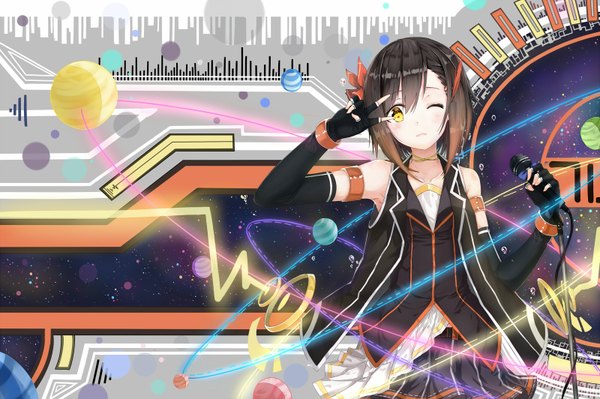 Anime picture 1600x1064 with original echj single blush fringe short hair brown hair standing holding yellow eyes looking away one eye closed multicolored hair wink armpit (armpits) victory gradient hair bob cut girl gloves