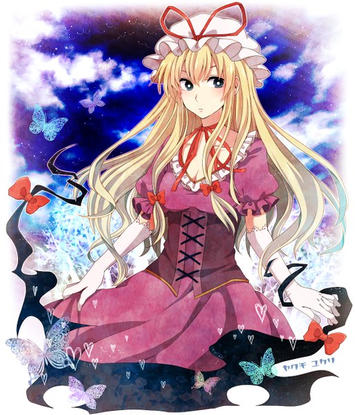 Anime picture 1180x1380 with touhou yakumo yukari itsuya (artist) single long hair tall image blue eyes blonde hair girl dress gloves elbow gloves heart insect butterfly bonnet