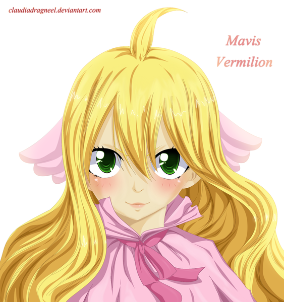 Anime picture 1814x1934 with fairy tail mavis vermillion claudiadragneel single long hair tall image blush highres simple background blonde hair smile white background green eyes ahoge lips inscription loli coloring portrait head wings