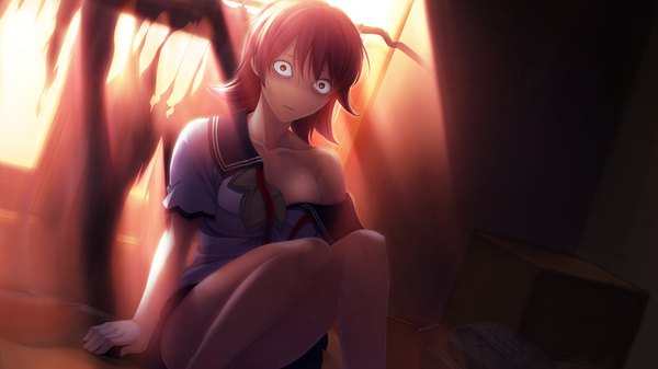 Anime picture 1280x720 with izuna zanshinken (game) single short hair red eyes wide image sitting game cg red hair girl uniform school uniform