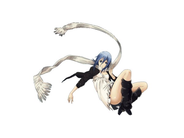 Anime picture 1280x960 with air gear toei animation gazelle (air gear) single short hair blue eyes simple background white background blue hair wind girl dress white dress scarf short dress