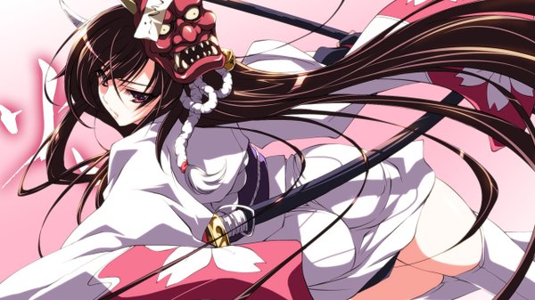 Anime picture 1280x720 with hogehoge (16x9are) single long hair black hair red eyes wide image mask on head girl weapon sword katana mask demon mask