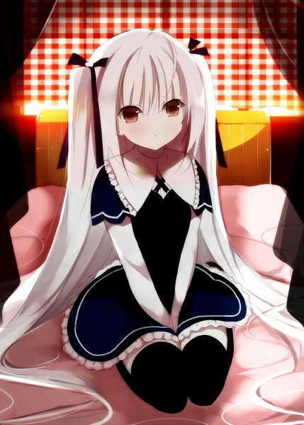 Anime picture 800x1119 with absolute duo 8bit yurie sigtuna senya fuurin single tall image looking at viewer blush red eyes white hair very long hair two side up surprised girl thighhighs ribbon (ribbons) black thighhighs hair ribbon bed