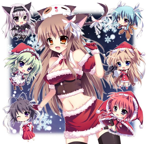 Anime picture 1223x1185 with mashiroiro symphony sena airi amaha miu uryuu sakuno inui sana angelina nanatsu sewell onomiya yutsuki raiou long hair blush open mouth blue eyes black hair smile red eyes brown hair purple eyes bare shoulders animal ears blue hair