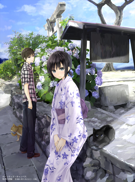 Anime picture 798x1073 with original mikipuruun no naegi tall image short hair blue eyes black hair traditional clothes japanese clothes black eyes girl boy flower (flowers) plant (plants) animal shirt cat yukata torii hydrangea