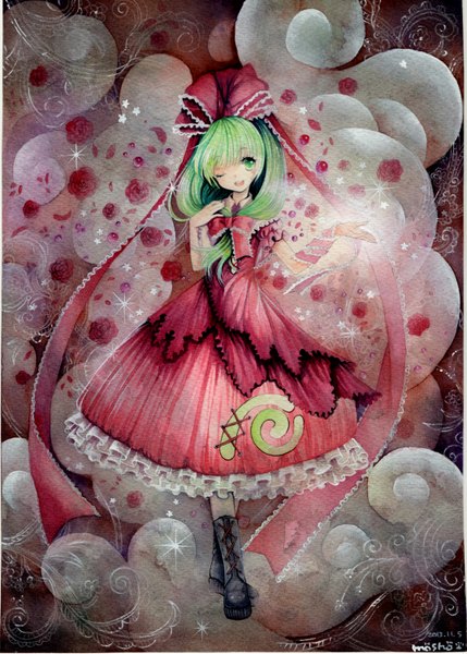 Anime picture 1073x1500 with touhou kagiyama hina mosho single long hair tall image open mouth green eyes signed one eye closed green hair wink traditional media watercolor (medium) girl dress flower (flowers) bow hair bow petals