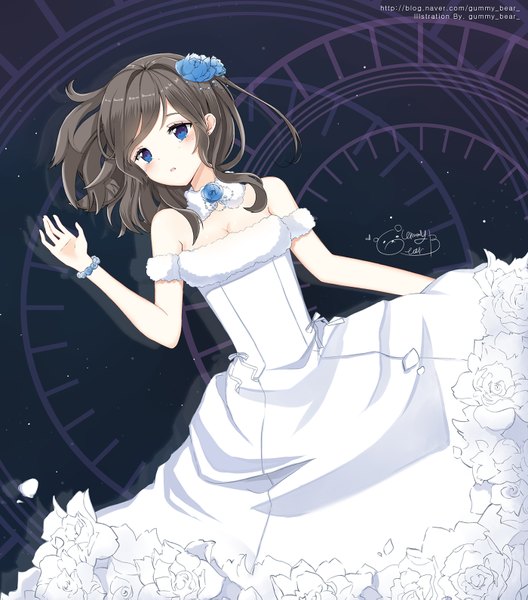Anime picture 1400x1589 with original jellybear single long hair tall image blush blue eyes brown hair signed looking away hair flower from above girl dress hair ornament flower (flowers) bracelet white dress