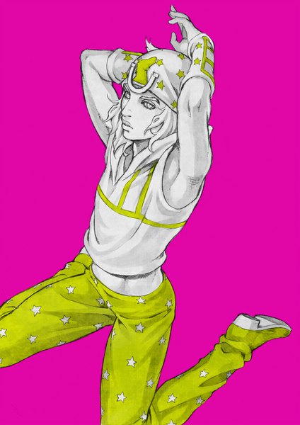 Anime picture 566x800 with jojo no kimyou na bouken steel ball run johnny joestar chounorin single tall image short hair simple background sitting from above arms up armpit (armpits) sleeveless wariza pink background star print spot color boy star (symbol) cap