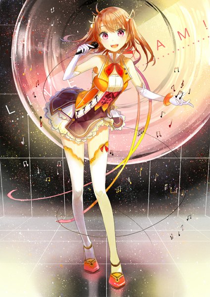 Anime picture 707x1000 with original fuumi (radial engine) single long hair tall image looking at viewer open mouth twintails ahoge pink eyes zettai ryouiki girl thighhighs skirt gloves white thighhighs elbow gloves shoes frills bracelet