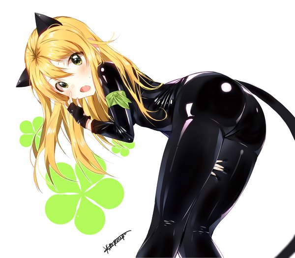 Anime picture 2149x1883 with idolmaster hoshii miki dr poapo single long hair looking at viewer fringe highres open mouth light erotic simple background blonde hair white background green eyes animal ears ahoge ass tail animal tail cat ears